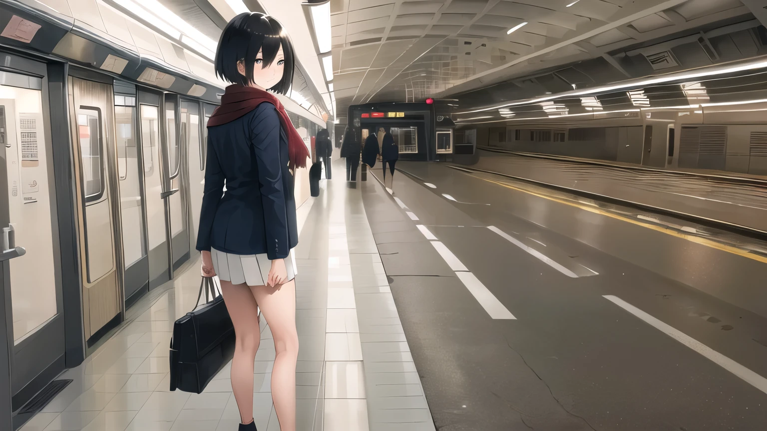 masterpiece, best quality, highres, hmmikasa, short hair, black eyes, scarf, navy blue sailor school uniform, dark navy blue coat, white skirt, full body, modern setting, subway station, looking back, no blush, neutral expression, looking back at the camera, removing air pod from the ear,