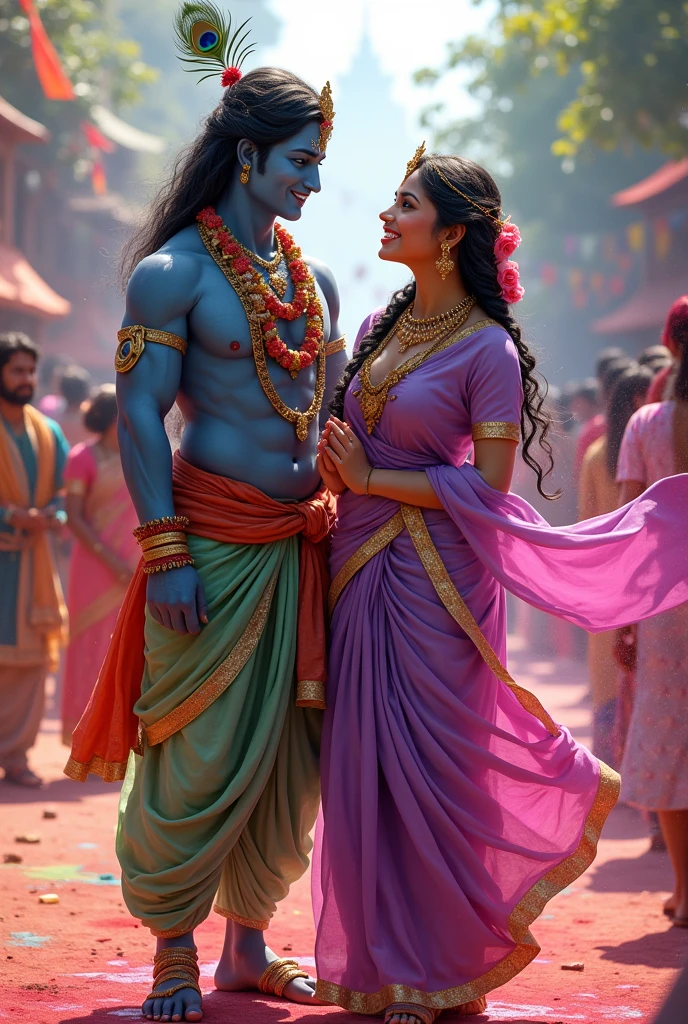 Adult Lord Krishna and Radha are joyfully celebrating Holi amidst a colorful revelry. Krishna, with his dark blue complexion and a peacock feather in his headgear, is dressed in a light green dhoti. Radha, with her fair complexion, wears a light purple ghagra choli and a matching dupatta draped gracefully over her light purple blouse. Her braided hair is adorned with beautiful flowers. The scene is vibrant with other people joining in the festivities, throwing and spreading hues of vibrant colors around them, creating a lively and spirited atmosphere.