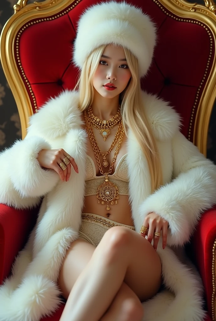 HD, high quality, sexy cute woman, asian, young, korean student,ars old, super young and rich, face of young kid, realistic, real,8k, clean, teenager woman with blonde gorgeous hair, pale skin, her face is also very beautiful and looks mature. sexy, She has a fit body. wearing huge white fur coat, real fur, fur HD, fluffy fur, big mink fur hat, fur coat covering all the body, wearing big fur hat, sitting on golden throne on the fur mug, red velvet throne, 6 gold necklaces, princess handsome, petting cat, cat has gold necklace, cat with gold, gorgeous face, she has slim body,wearing huge white fur coat, many jewelry, alots of gold jewelry, every finger has golden rings, 10 golden huge giant rings, her sexy leg , she wearing fur slippers, holding a whip, super huge titties, big hips,