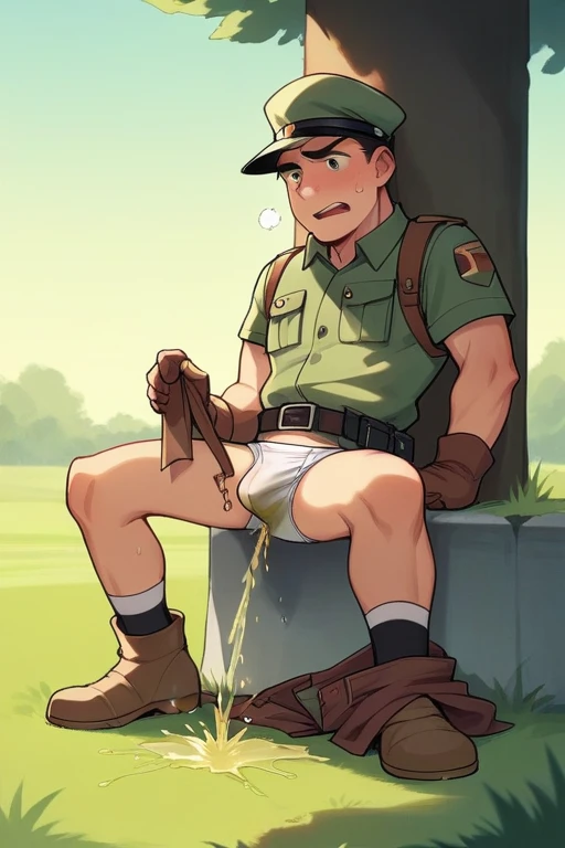 In the field, 20 years old, a slender and mascular young military man exposes his tighty whities. He is a soldier. White briefs. He is peeing himself. He is pissing himself. He couldn't hold his pee. There's a large pee wet spot on his briefs. A pee stain on his crotch. His pee is dripping down from his tighty whities. He is ashamed of himself.