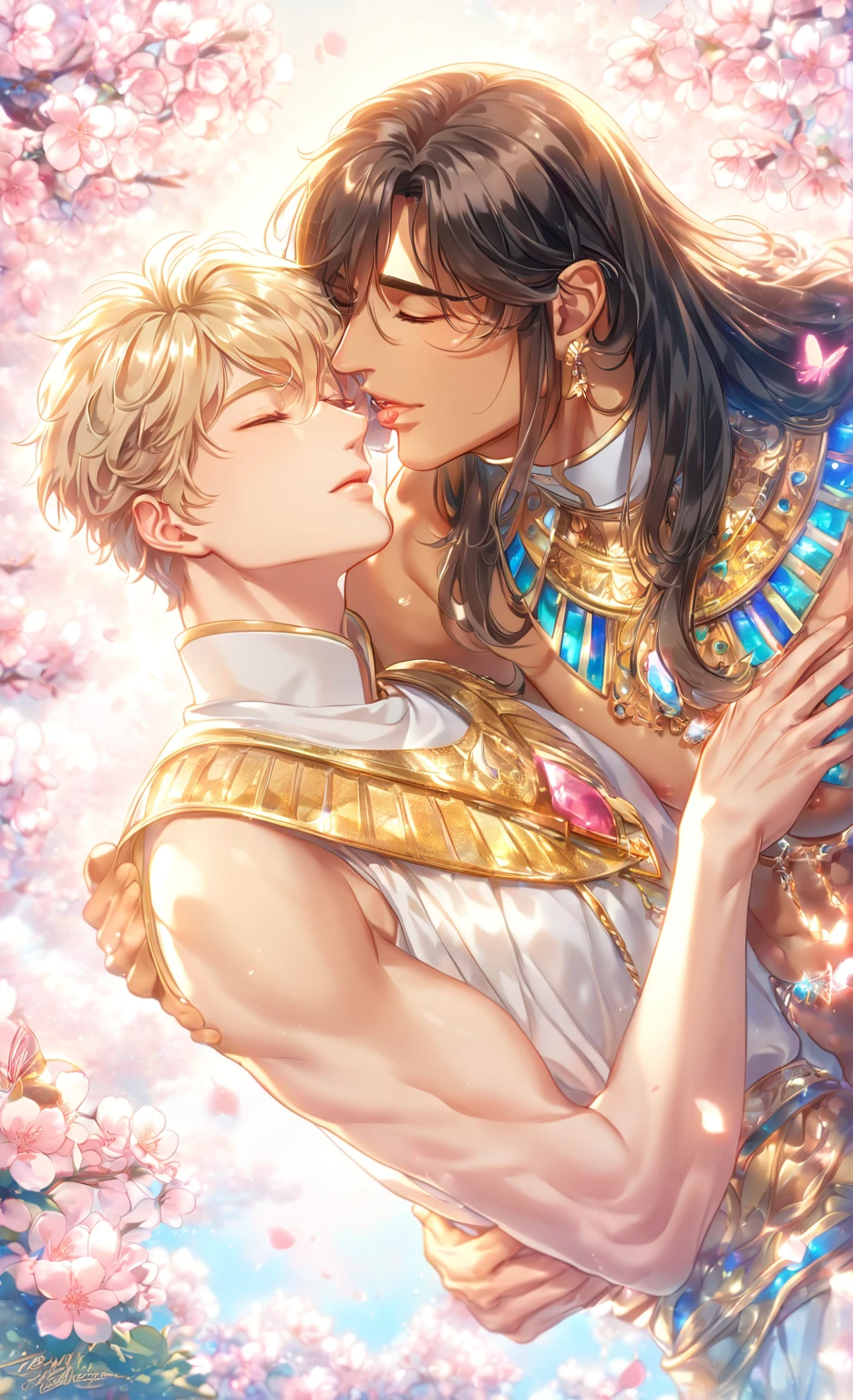 High resolution, ultra detailed, high quality, absurd resolution, HDR, best quality, master piece, detailed eyes, delicated features, tanned skin, Mimi, black long hair, closed eyes, goodbye, My King, Zhang Li, ash-blonde short hair, closed eyes, two men sharing a kiss on the lips, yaoi, gay couple, handsome, in love, showing the chest, white tunic, golden necklace, Egyptian, fantasy, magical, pink flowers, pink glittering butterflies, cherry blossoms, blue sky, garden, crystal light