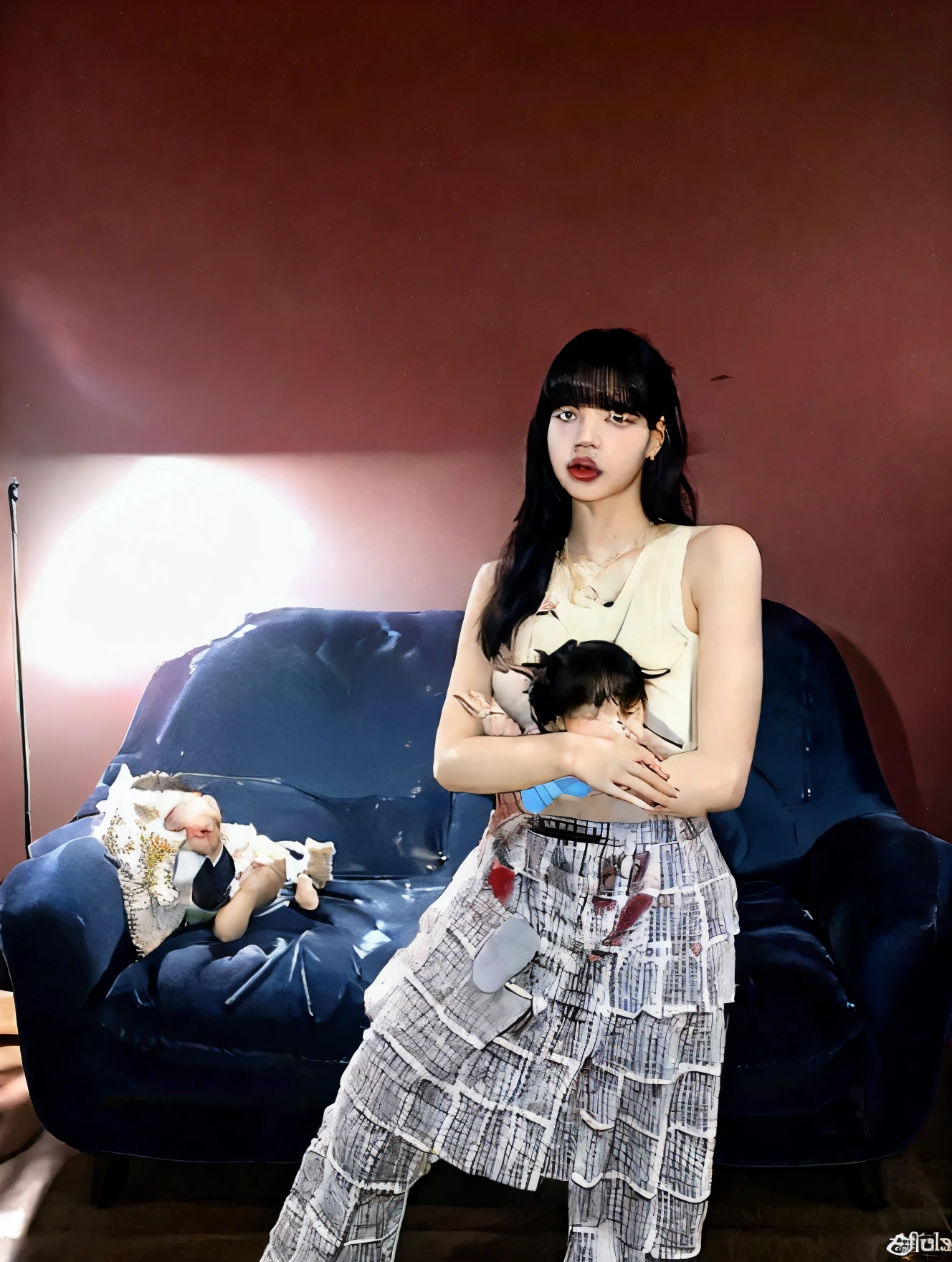 Raw, photography, 1 girl, Lisa from blackpink, no make up, chubby, wearing house dress, holding a baby, living room.