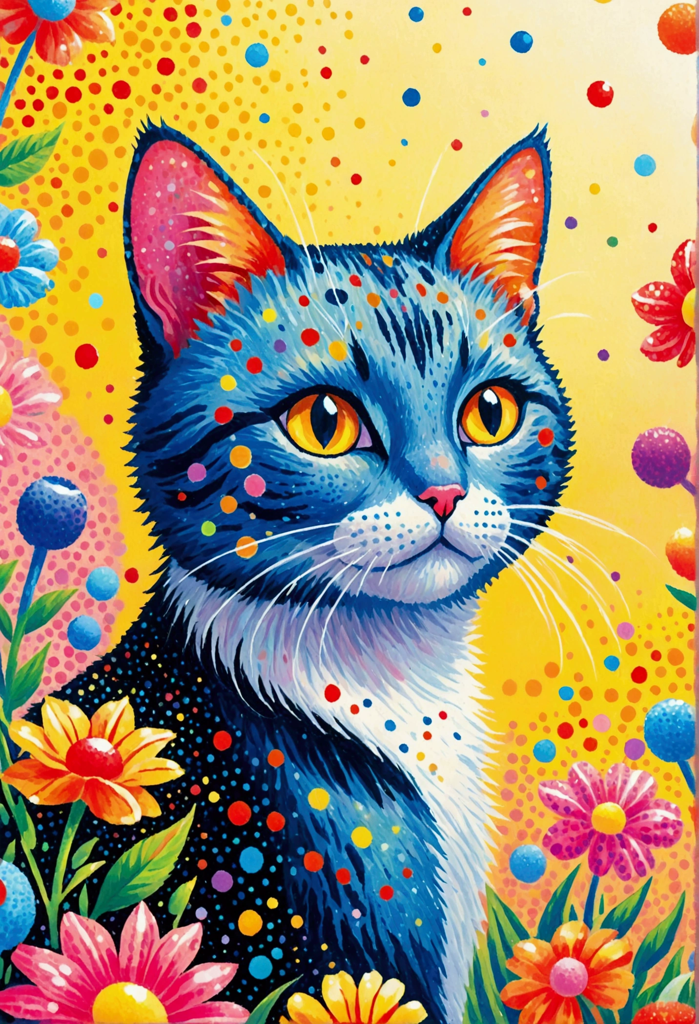 Close-up of a cat，There are many points on it, a Pointillism painting inspired by Louis Wain, Popular trends on pixabay, Pointillism, saturated Pointillism, cat detailed, Made up of points, A painting of a cat, Pointillism style, Pointillisme, Painted in bright watercolor, lisa frank (lisa frank) Portrait, rich and colorful!! Very detailed