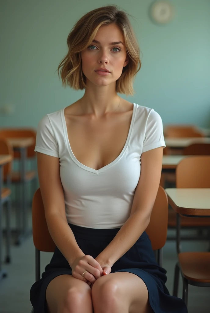 Realistic photo of a slim pretty 1 French Caucasian woman, in a classroom. She has short light-brown hair. She has small breasts. She is wearing a tight t-shirt. She is wearing an a-line skirt. She is sitting on a chair, with her legs uncrossed. She is facing the camera. Her arms are crossed. Her panties are visible.