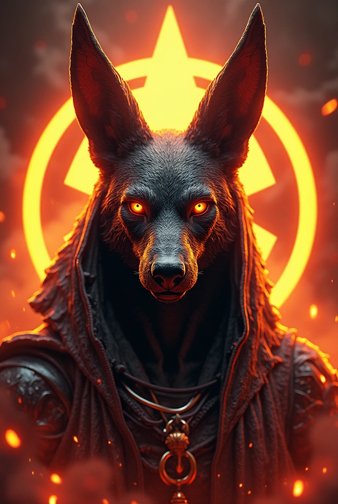 ((best qualityer)), ((work of art)), (detailded), epic gamer style image , 1 anubis on fire , estilo dragao. Anubis must have a bust image,  because it will be used for the brand logo, Anubia&#39;s vision has to be frontal. There must be the Egyptian symbol of Anubis in the background. 