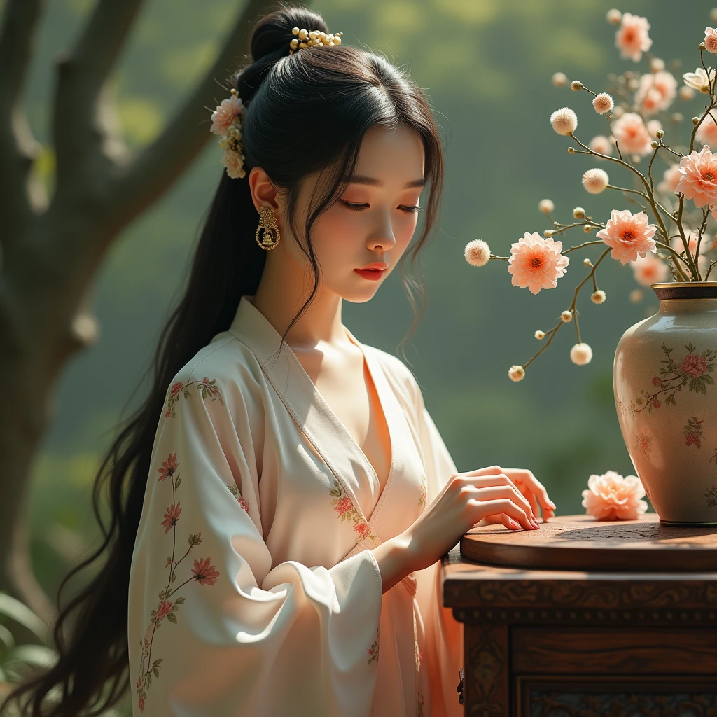 a beautiful girl in traditional chinese dress touching a large antique Chinese case, detailed face, long hair, elegant posture, antique chinese vase, intricate floral patterns, natural lighting, photorealistic, highly detailed, 8k, ultra-detailed, realistic, masterpiece, cinematic lighting, warm color palette, detailed fabric textures, flowing dress, delicate jewelry, pensive expression, serene atmosphere, natural setting, lush greenery, muted colors