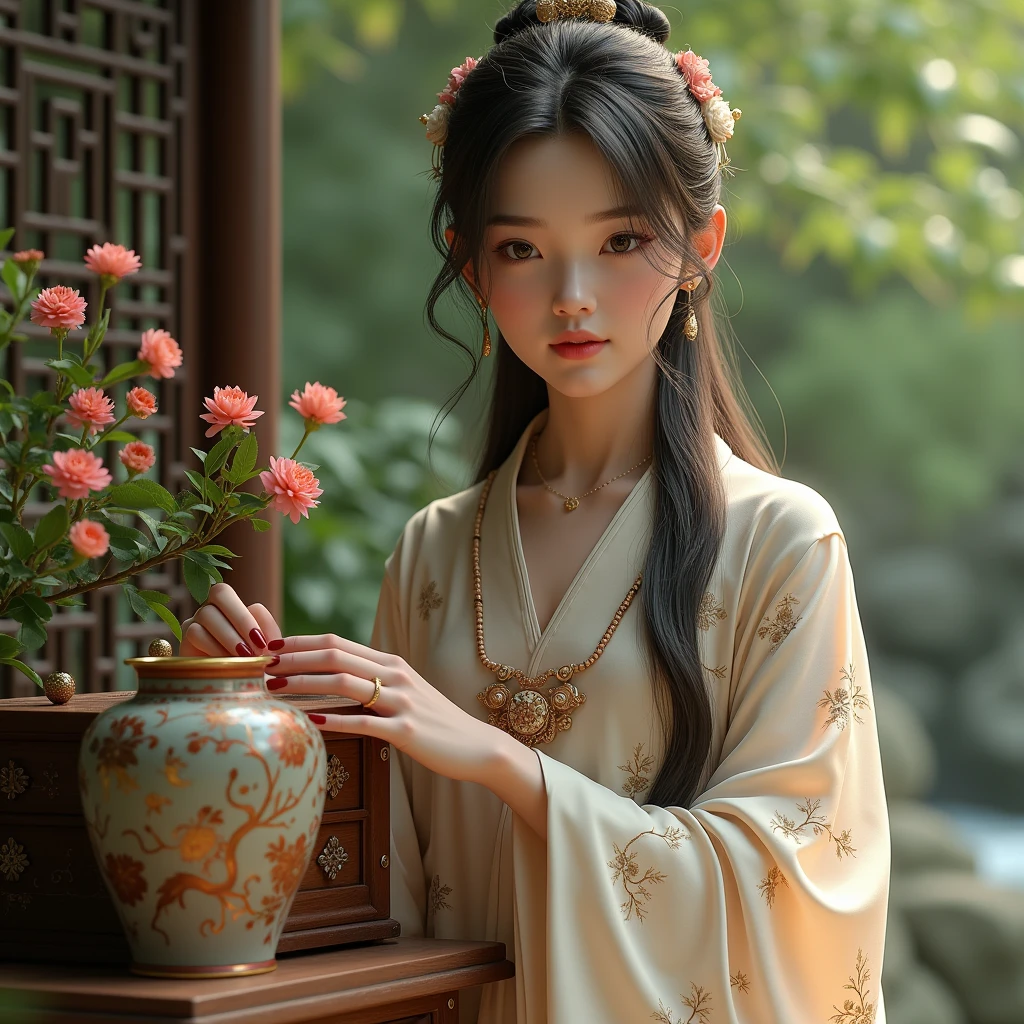 a beautiful girl in traditional chinese dress touching a large antique Chinese case, detailed face, long hair, elegant posture, antique chinese vase, intricate floral patterns, natural lighting, photorealistic, highly detailed, 8k, ultra-detailed, realistic, masterpiece, cinematic lighting, warm color palette, detailed fabric textures, flowing dress, delicate jewelry, pensive expression, serene atmosphere, natural setting, lush greenery, muted colors