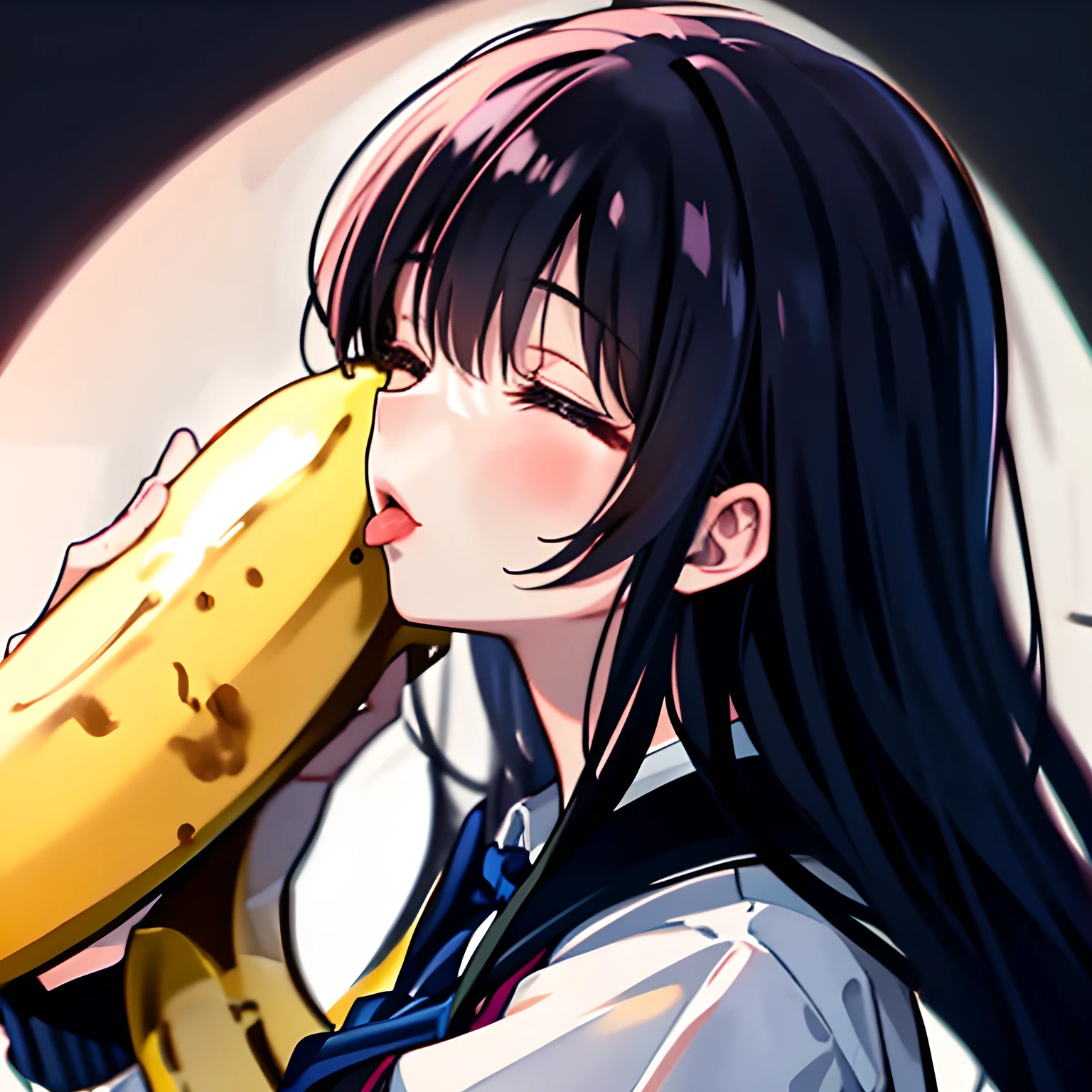 （highest quality, masterpiece, high resolution, high detail), Solo girl, Solo pealed long banana, A female wearing black school uniform is kissing at the top of a long banana with her tongue with her face down, Glossy atmosphere, Glossy look, Beautiful straight blue long hair, Almost closed eyes, (Female kisses deeply the banana with tongue, covers it, holds it and looks at it), (The lips are touch the banana tightly), (Shot from the side), (Nothing on the black background)