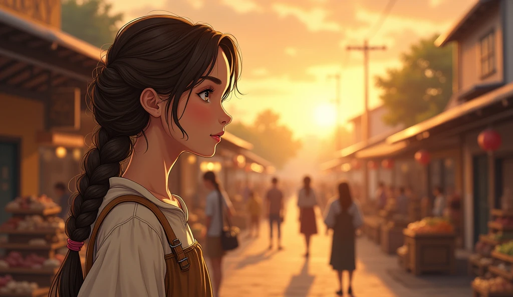 Character Description: Lily is now mature and thoughtful, with a calm, composed demeanor. Her braid is neatly tied, and her dress is simple but well-kept. Her eyes reflect a sense of nostalgia as she says goodbye to the place that taught her so much
Prompt: A vintage-style illustration of Lily standing at the edge of the village market, looking back with a small smile. The market is still bustling with activity, but Lily stands apart, reflecting on the memories she has made. The sun is setting, casting a warm glow over the market stalls and villagers. The scene is filled with a sense of closure and reflection, as Lily prepares to move on to the next chapter of her life