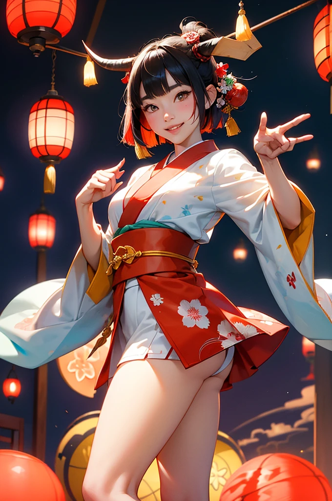Upper body、One Girl、I have pink and black hair、2 Tone、Hair Bun、Very large breasts、topless、No clothes、Full nudity,Big butt、Cleavage、Backward view、Protruding buttocks、、Japanese anime style,By the pool、Night Scenery、Beautiful fireworks in the night sky、