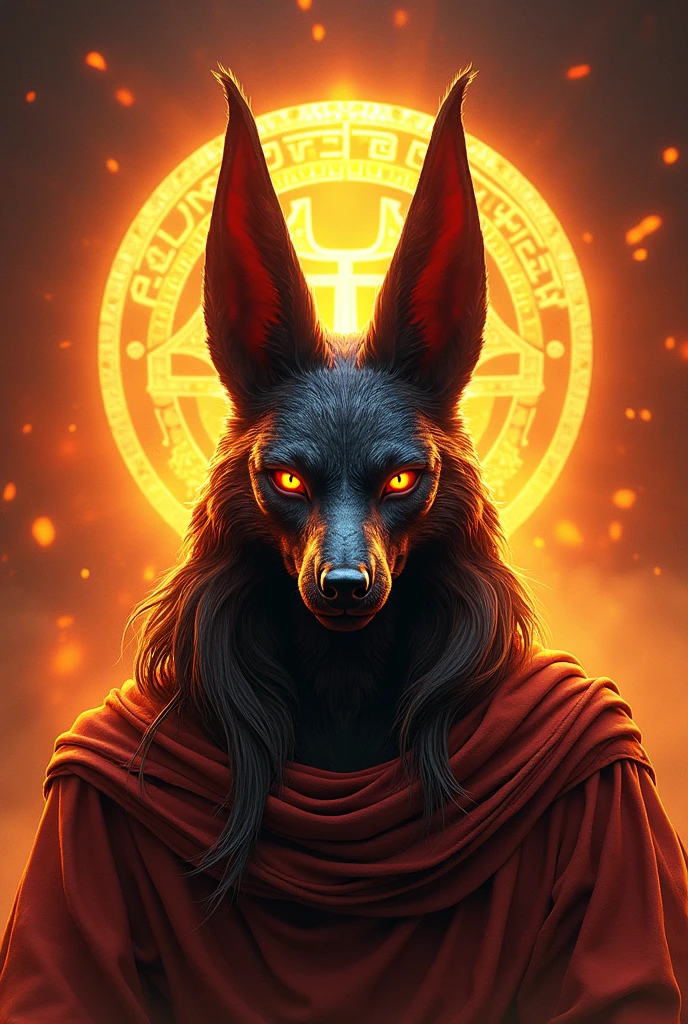 ((best qualityer)), ((work of art)), (detailded), epic gamer style image , 1 anubis on fire , estilo dragao. Anubis must have a bust image,  because it will be used for the brand logo, Anubia&#39;s vision has to be frontal. There must be the Egyptian symbol of Anubis in the background. 