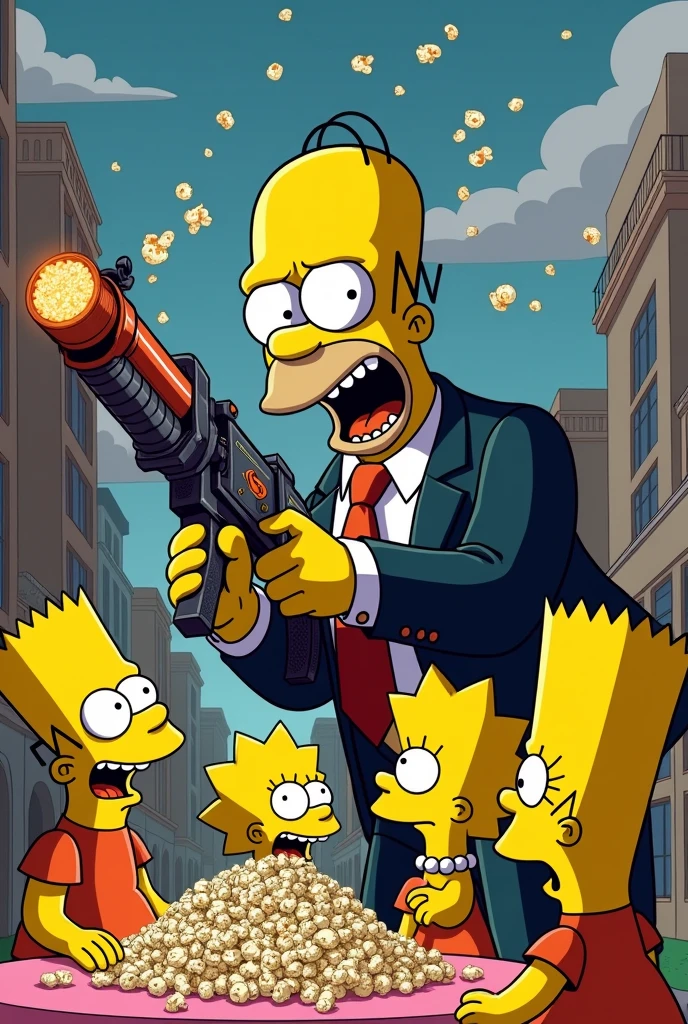 Mr Burns with flying popcorns machinegun shot into Mouthe of all familly Simpson