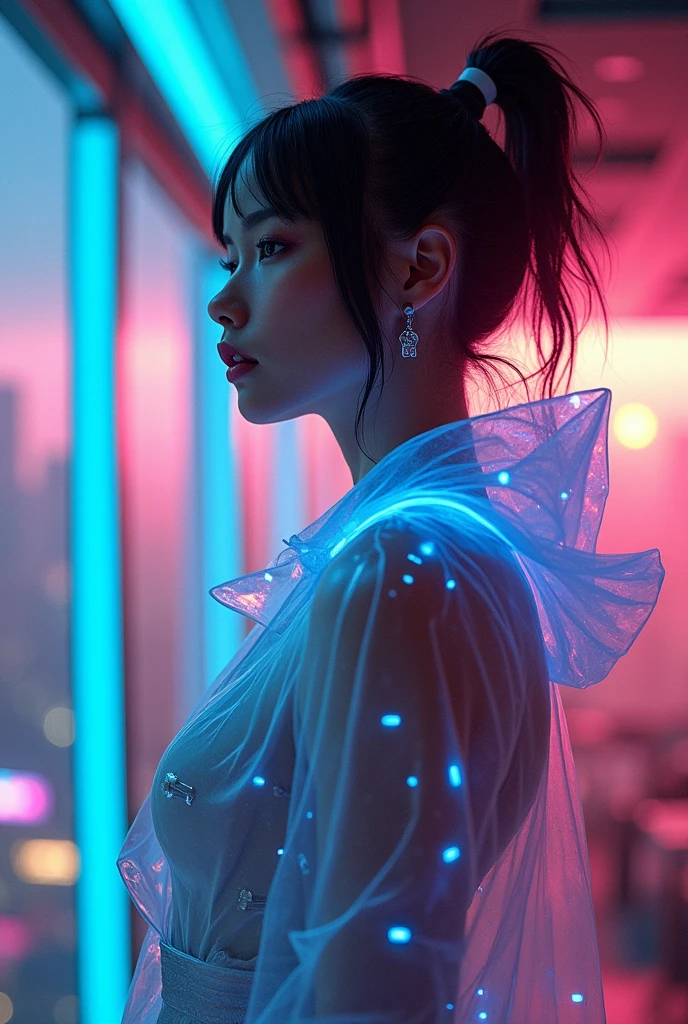 A stylish cyberpunk girl with chrome-plated facial implants and a translucent, light-emitting coat, standing in a high-tech lounge with a panoramic view of a neon-lit cityscape."