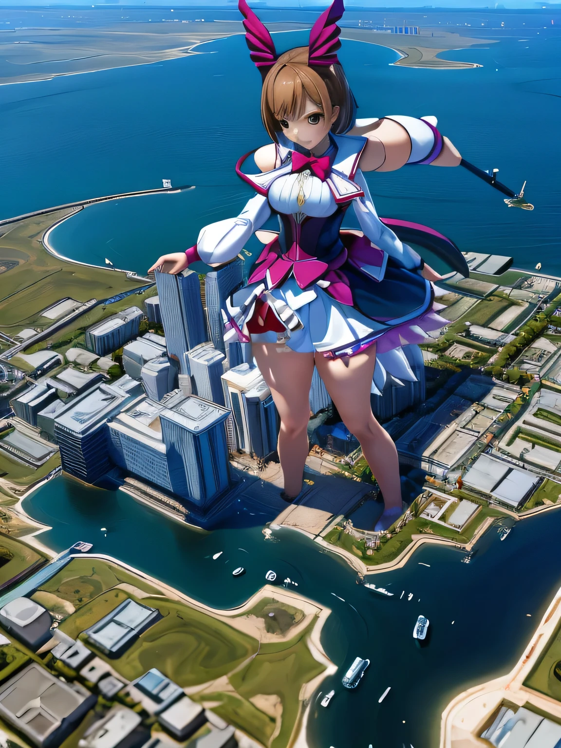 multiple girls, 3girls, standing, giantess art, highly detailed giantess shots, giantess, most detailed, perfect face, Two legs, Five fingers, short hair, A beautiful girl who is bigger than a skyscraper, Wearing rimless glasses, smile, huge breasts, magical girl dress, bow, magical girl, holding a magical wand, black pantyhose, stiletto heels, thunderbolt from a magical wand, seaside metropolis, numerous miniature warships on the sea, Destroying cities, Under heavy attack, A very small big city, Miniature metropolis, Full body description, GTS, giga giantess, gigagts, stomping city, crash city, tiny city, micro city, pantyhose feet, High resolution, highest quality, masterpiece,