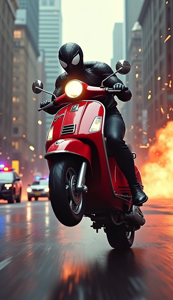 spiderman and venom riding vespa, wheelie, chased by police, city environment, explosion effects, bullets flying everywhere, highly detailed, cinematic, hyperrealistic, dramatic lighting, vivid colors ,4k, 8k, photo-realistic, cinematic composition, action scene