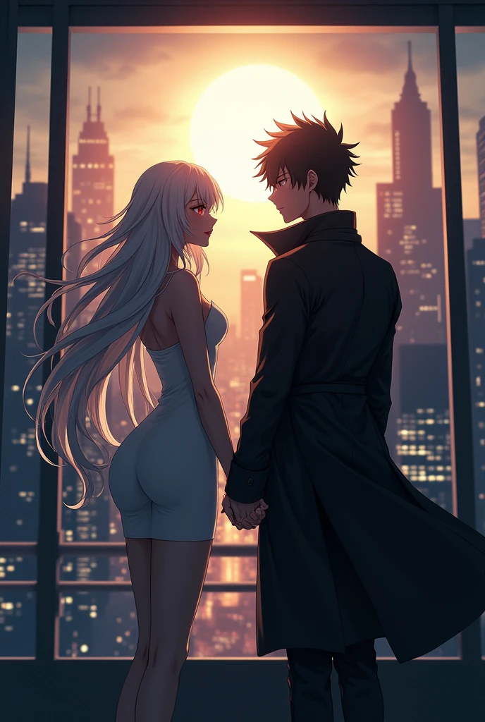 The image is anime style cowboy bebop and Darker than black with shadows and dim lights, anime style although somewhat adult and dark, It shows a single 26-year-old albino woman., white hair and red eyes, and very long hair, She is wearing a short white dress and is holding hands with a 2 man with black hair and black eyes., who is wearing a long black windbreaker. They are both in a room that has glass walls from which you can see the daytime image of a large city illuminated by sunlight.. They both look at the front of the image. it is day, in the morning, It's 11 o'clock:00 am. They both look at the front of the image al frente de la fotografía