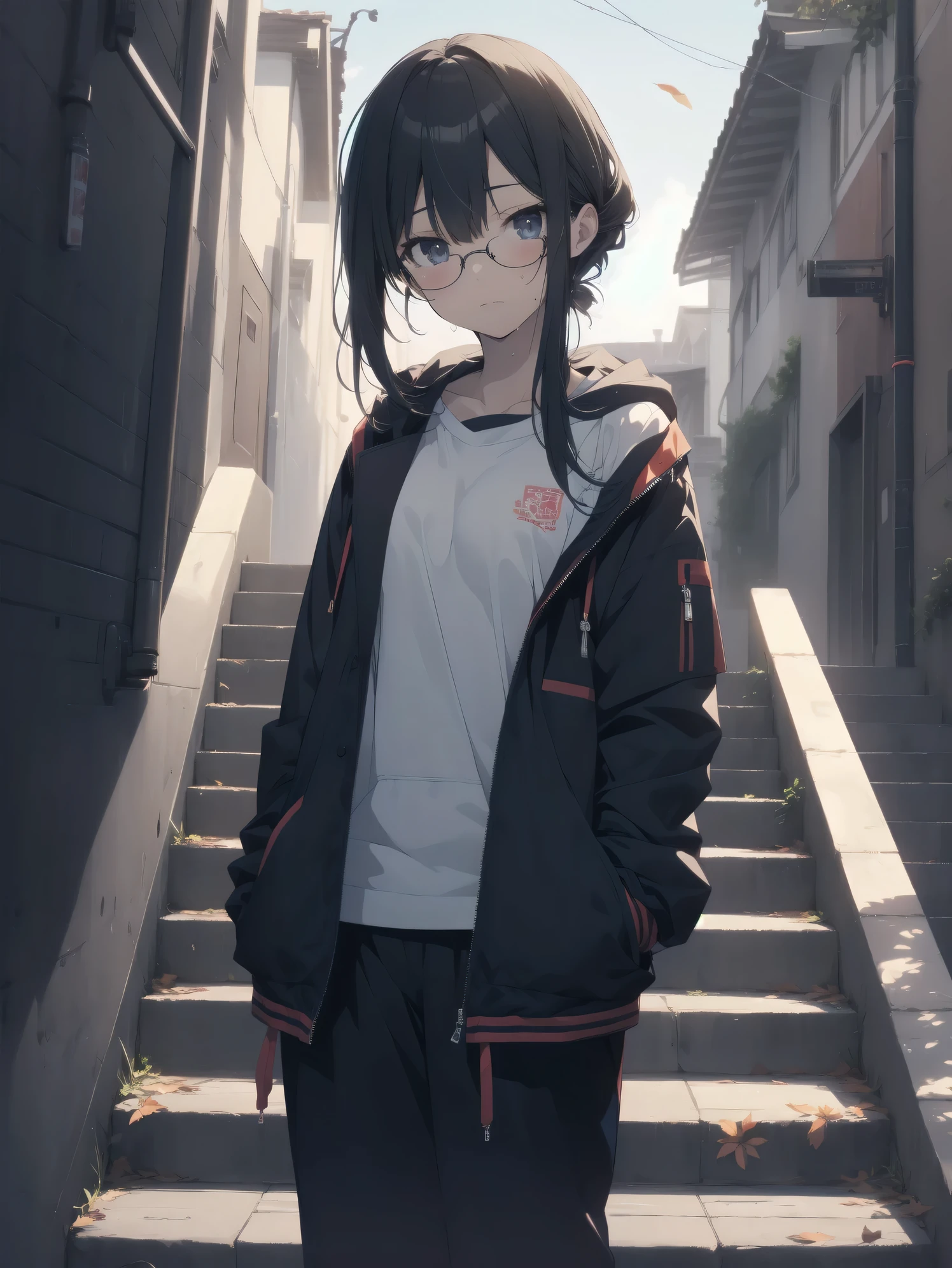 ultra-absurdres-Top quality by artist God, ultra-detailed, high resolution, anime moe artstyle, best anime 8k konachan wallpaper, pixiv contest winner, perfect anatomy,break, 1girl, (Please draw a girl sitting on stairs alone. )break,(Solo,little female, loli_face,14yo:1.3),glasses, small breasts, beautiful (well-shaped) breasts, (white bra:1.1), navel, groin, butt, small black eyes, beautiful detailed eyes, well-proportioned iris and pupils, highres detailed hair, sweat, expressionless, hoodie, sporty shorts, (Detailed Lighting), (Detailed background), outdoors, stairs. break,super detailed skin, shiny skin, Best sexual lighting powered by famous artist, 8k,beauty illustration,photoshop_(medium),very aesthetic,break,((artist:takeuchi_takashi )), artist:clamp ,artist:carnelian ,artist:kantoku ,