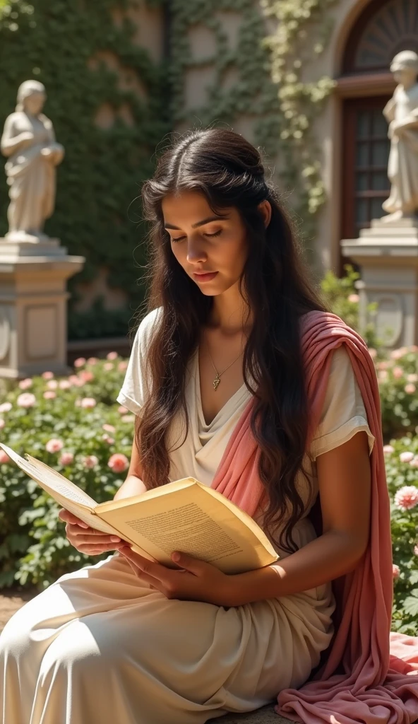 A young Roman woman with long dark hair, with a thoughtful expression, sitting in a Roman garden surrounded by statues and flowers. He is reading a scroll, with the sunlight shining on it. He has an expression of concentration and calm, showing its connection with stoic philosophy. Around it, There are elements such as marble benches and columns, to provide an atmosphere of tranquility and study.