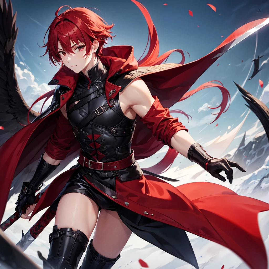 cool、Cool vibe、Red hair、Black coat、Legendary Sword、male、Black Swan on Shoulder、High resolution