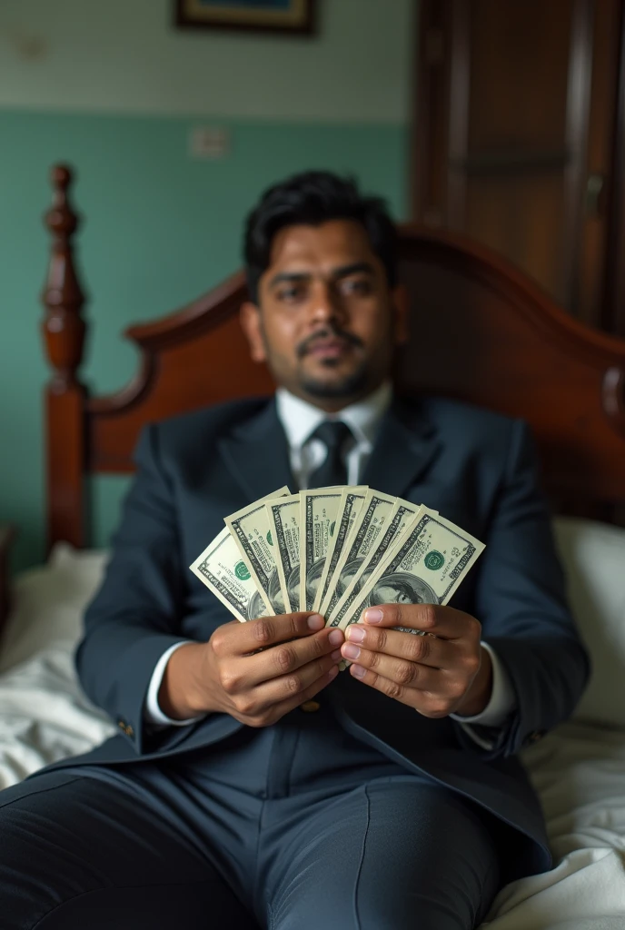 Dollar money in hand with dressed humanbody on bed in Bangladesh