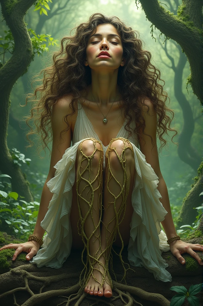 Woman with feet with roots with curly hair