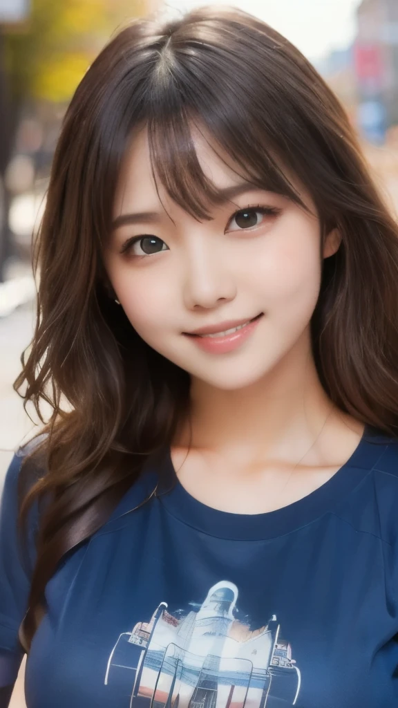 8k,Highest quality,(masterpiece:1.2),(Realistic),(Realistic:1.37),Ultra-high resolution,1 female college student,Long Wavy Hair,smile,Beautiful Eyes,Beautiful teeth alignment, In town,(((T-Shirts))),Big Breasts,Perfect body,Perfect Fingers,Professional Lighting,gravure,Detailed face and skin texture,fine grain,RAW Photos