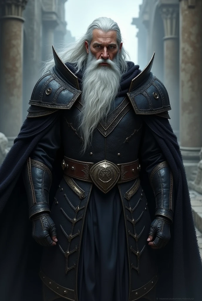 Dark warrior in dark armour, black velvet cape, with a long white beard, heroic fantasy character, painted portrait of rugged odin, fantasy digital art style