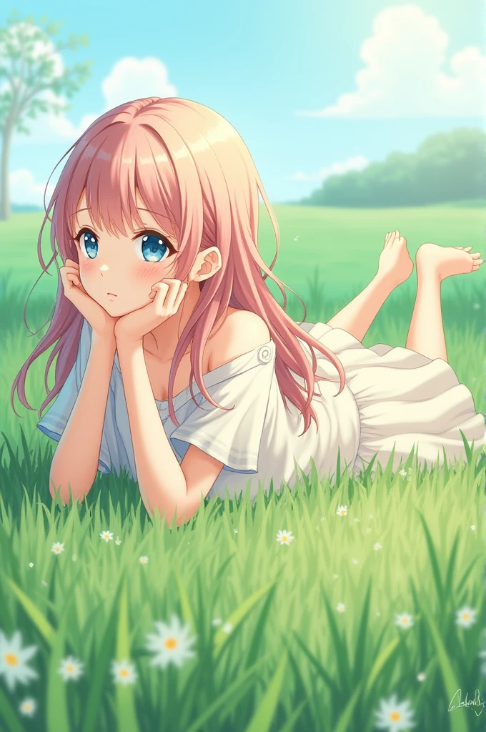 Anime girl lying on her stomach on the grass