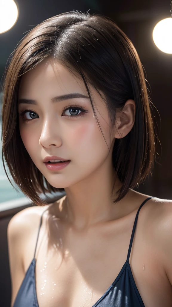 a beautiful young girl, 1girl, extremely detailed eyes and face, beautiful detailed eyes, beautiful detailed lips, longeyelashes, realistic skin, wet and messy hair, realistic fabric, deep dark eyes, graceful face, looking directly at viewer, movie-like cinematic style, detailed hair strands, perfect makeup, light and shadow effects, clair obscur, clear blue sky background, ponytail, realistic lighting, (best quality,4K,8k,highres,masterpiece:1.2),ultra-detailed,(realistic,photorealistic,photo-realistic:1.37),vivid colors,HDR,uhd,studio lighting,ultra-fine painting,sharp focus,physically-based rendering,extreme detail description,professional,smiling,full body,large breasts,short hair,blushing,slightly open mouth,blurred background,close-up,look up,wide-angle shot,black bikini