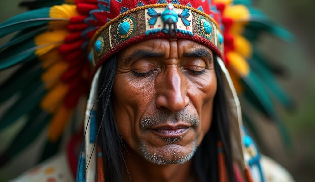 close up of a pair of closed eyes of an Indian with feathers on his head