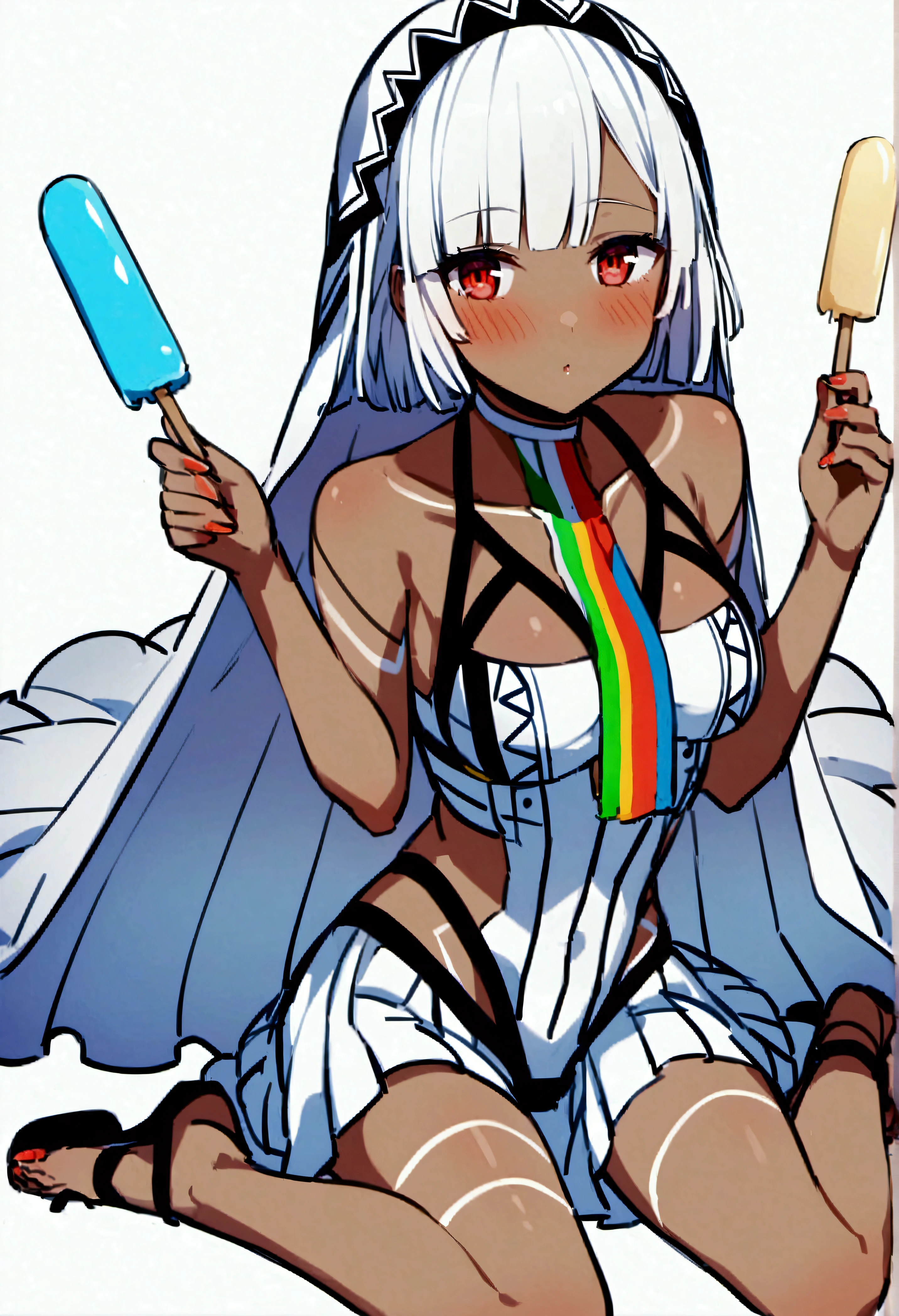 score_9、score_8_up、score_7_up、score_6_up、One woman、Altera \(fate\)、solo、dress、Red eyes、food、chest、Dark Skinの女性、Staring at the audience、Dark Skin、blush、White Hair、White background、Exposed shoulders、choker、Sandals、Floral、Popsicles、bangs、Simple Background、白いdress、chestの谷間、clavicle、No sleeveのdress、Sitting、Tattoo、中くらいのchest、鈍いbangs、Veil、No sleeve