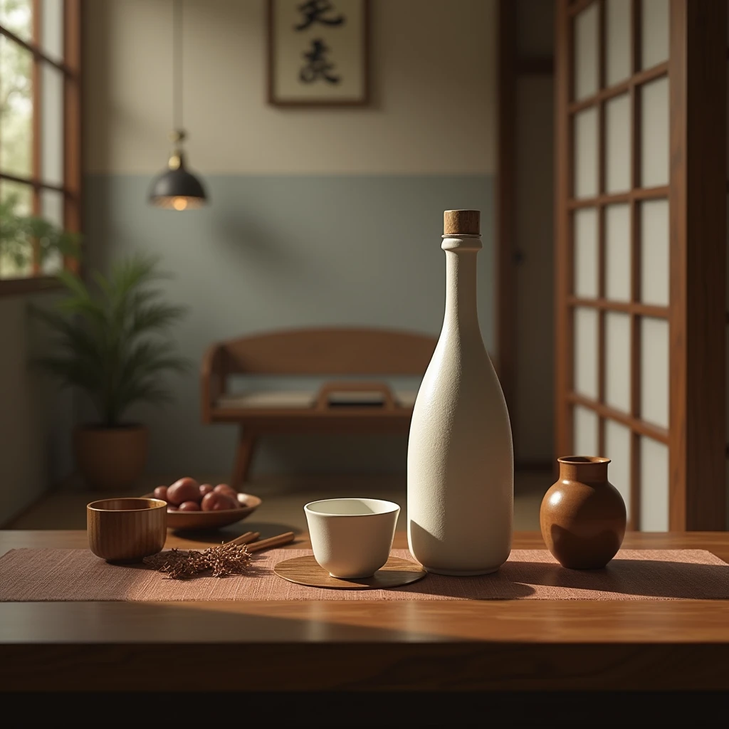 A hyper-realistic image featuring Japanese sake. The scene shows a casual evening drink with a sake bottle and a small sake cup placed on a table. The background includes a traditional Japanese interior with a serene, Japanese-style atmosphere