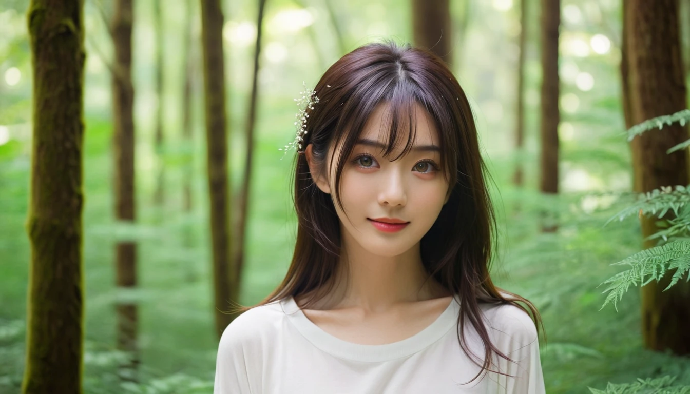 Highest quality,One person, Deep Forest,A beautiful woman with a beloved aura,Beautiful eyes,Japanese,Happy Hormone
