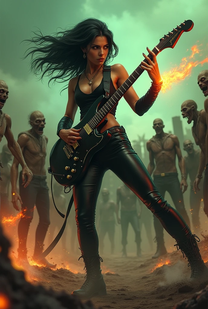 Woman in leather clothes playing guitar on fire around anime zombies