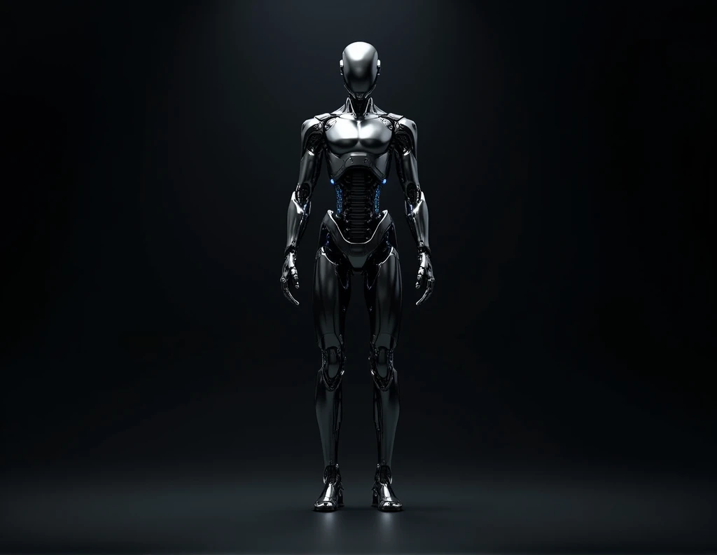 a slim high tech advance robot with human shape body. very detailed, a black background. robot is popping out of the background