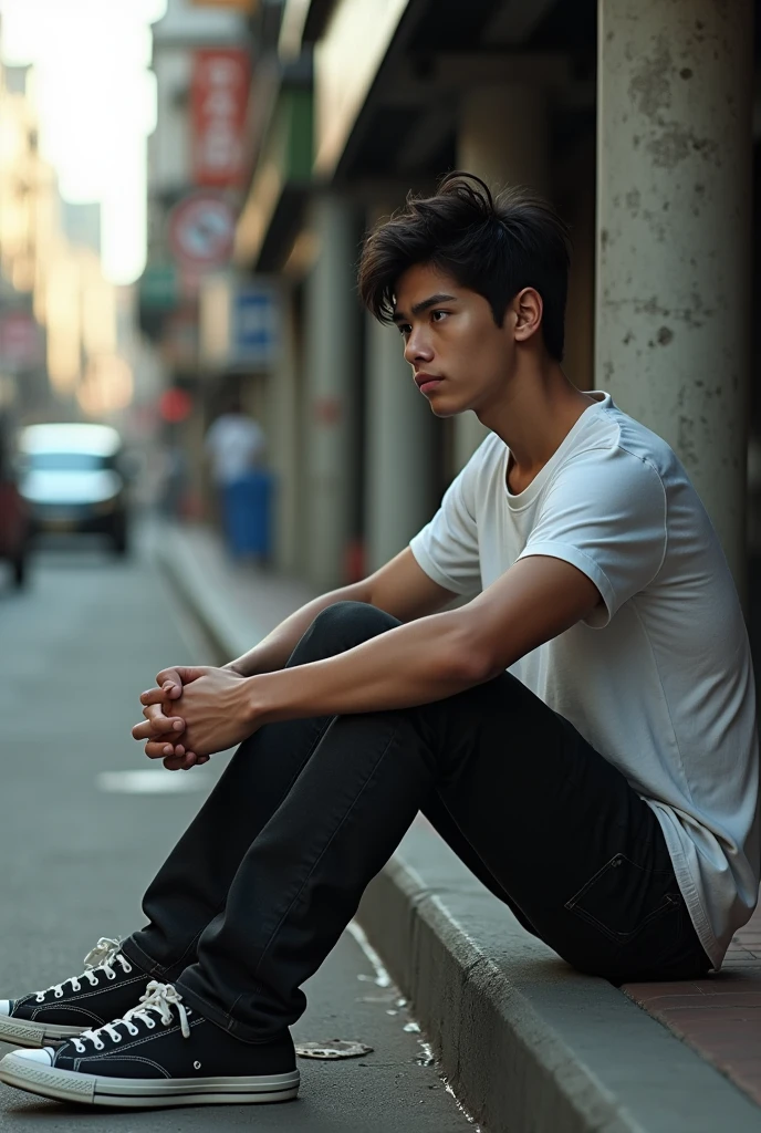 Young man who was sitting on the street
(He was wearing black jean pants, a white T shirt)