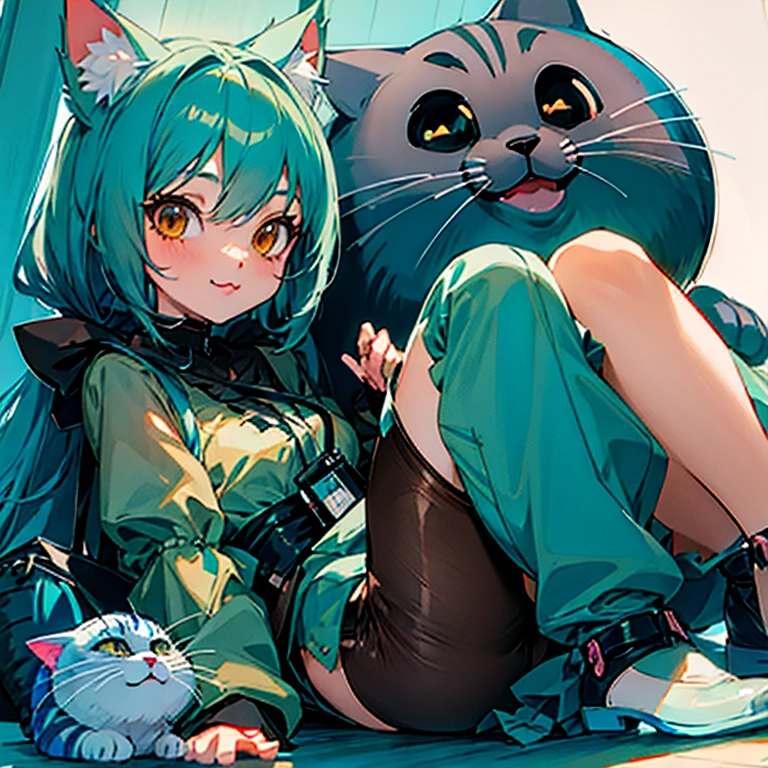 anime girl with long teal hair and brown eyes sitting next to a gray cat, anime catgirl, cute anime catgirl, anime cat, anime girl with cat ears, anime style 4 k, beautiful anime catgirl, very beautiful anime cat girl, anime style. 8k, attractive cat girl, anime girl with teal hair and brown ayes, top rated on pixiv