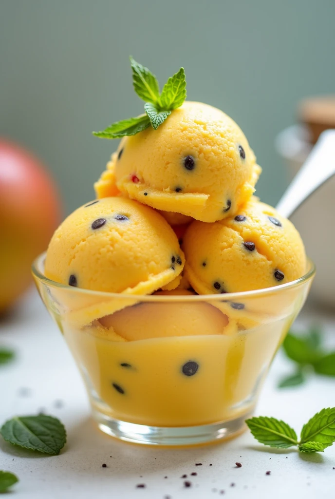 I want you to generate a picture of my mango mint chia ice cream.