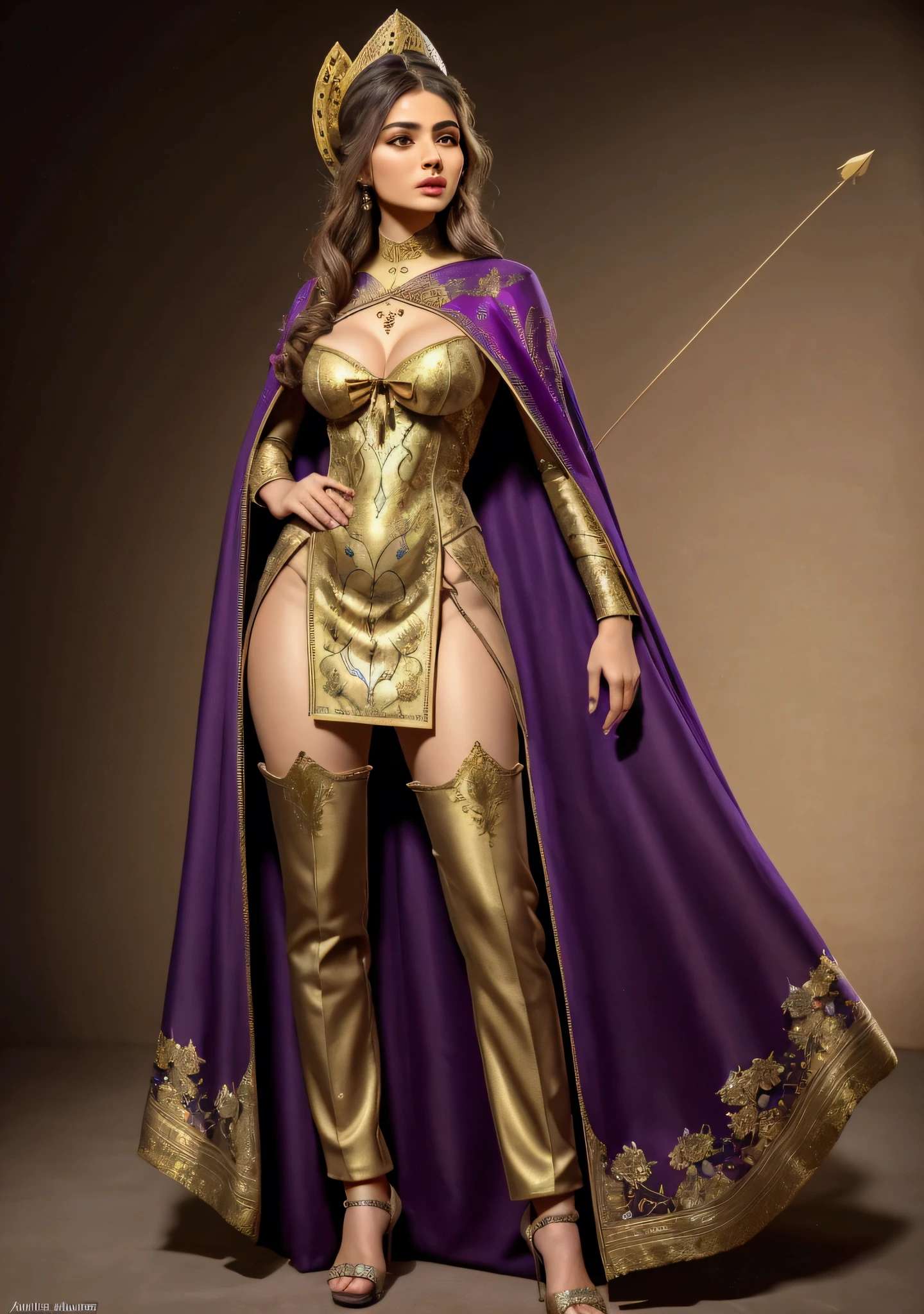 The perfect Iranian woman, very beautiful like Siri, magical, with full details of the dress and with gold and purple pattern, archer dress with pants and embroidered flower cape, bow on back and arrow in hand, ready to shoot.