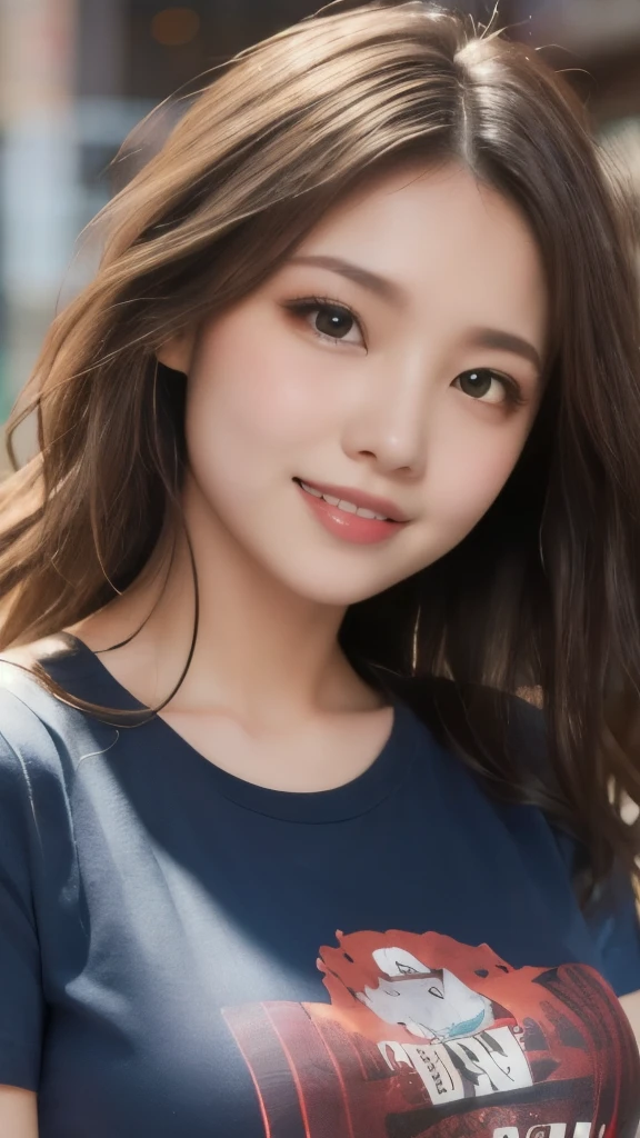 8k,Highest quality,(masterpiece:1.2),(Realistic),(Realistic:1.37),Ultra-high resolution,1 female college student,smile,Long Wavy Hair,Beautiful Eyes,Beautiful teeth alignment, In town,(((T-Shirts))),Big Breasts,Perfect body,Perfect Fingers,Professional Lighting,gravure,Detailed face and skin texture,fine grain,RAW Photos