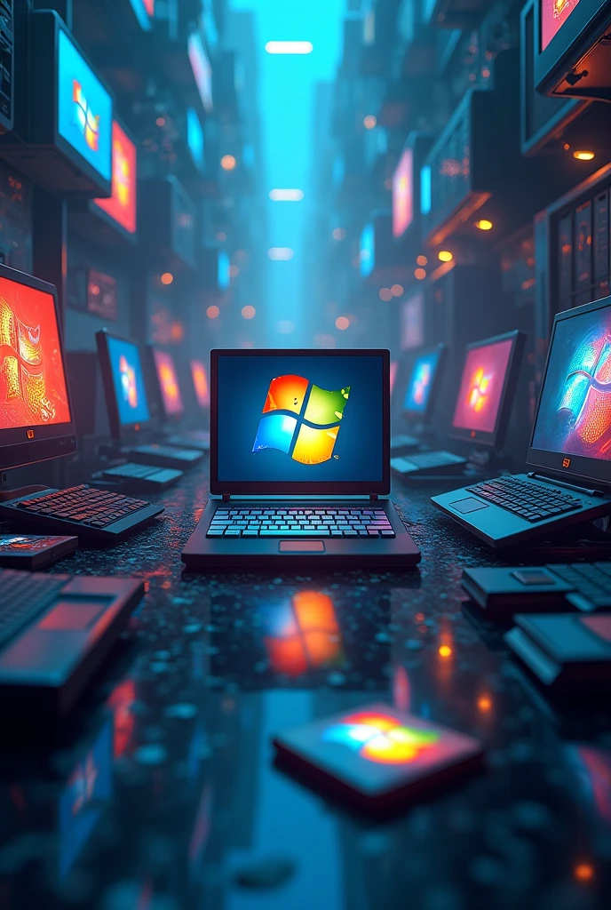 Create an artwork with the Windows XP logo in sequence, 7 , 8 , 10 , 11 with the name below them and put a background with several computers