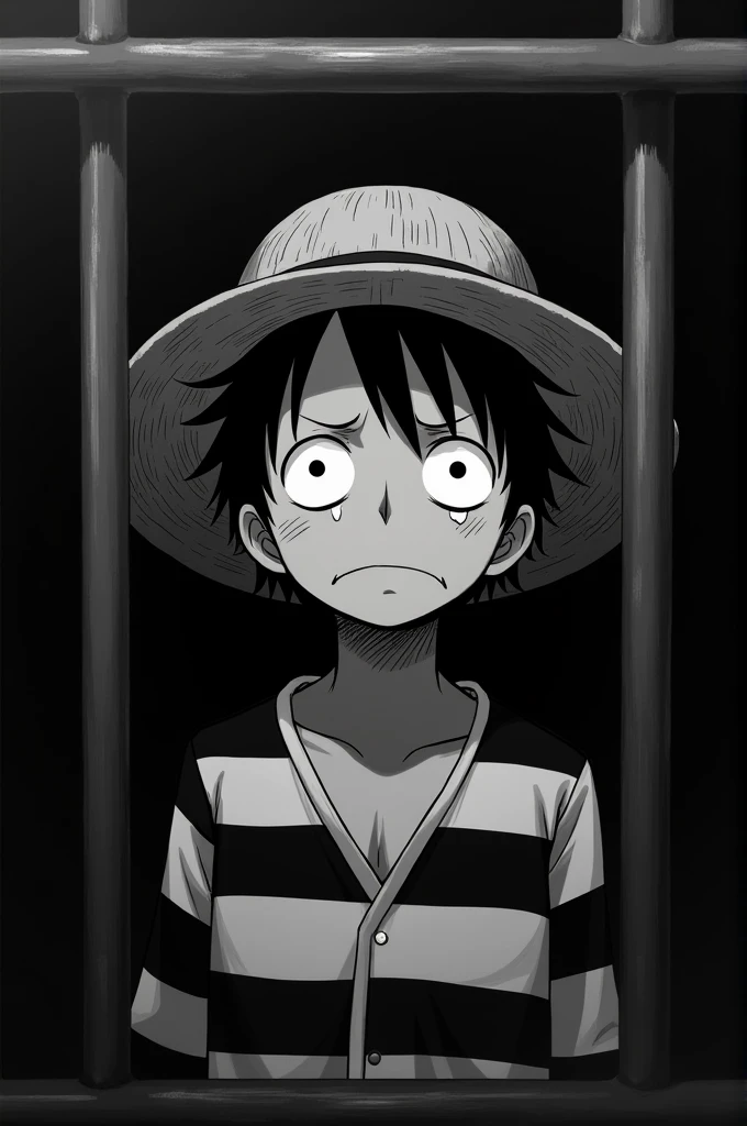 Monkey D. Luffy in a black and white striped long sleeve prison uniform with teary eyes and crying inside a jail