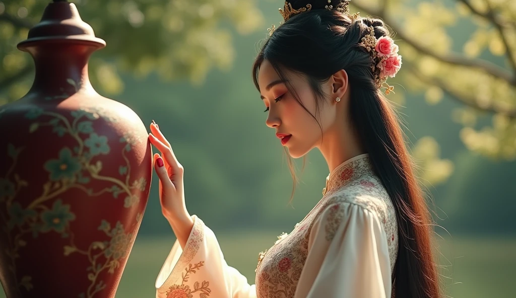 a beautiful woman in traditional chinese dress touching a large human sized antique Chinese case, detailed face, long hair, elegant posture, antique chinese vase, intricate floral patterns, natural lighting, photorealistic, highly detailed, 8k, ultra-detailed, realistic, masterpiece, cinematic lighting, warm color palette, detailed fabric textures, flowing dress, delicate jewelry, pensive expression, serene atmosphere, natural setting, lush greenery, muted colors