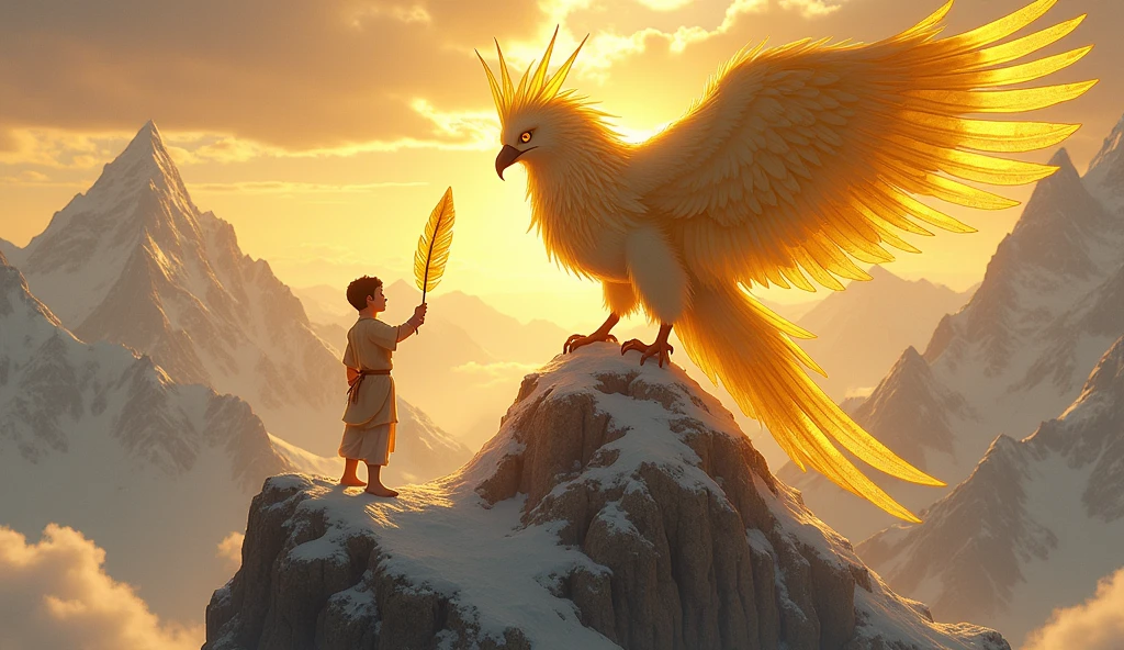 The Golden Bird's Decision:
"Picture the majestic Golden Bird perched on the highest peak, its feathers glowing like the sun. Leo presents the Golden Feather and must make a wish that reflects his true heart's desire."