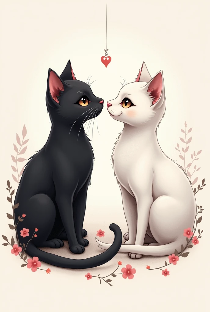 Simple tattoo of two cats of the same size, a black and a white one far from each other with a fantasy anime look