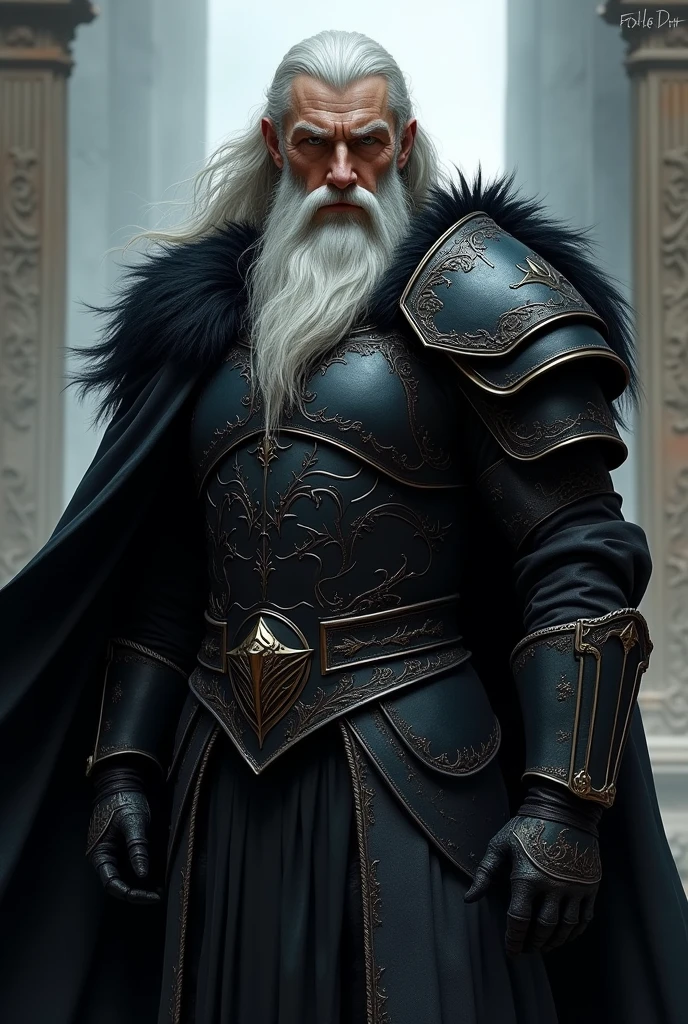 Dark warrior in dark armour, black velvet cape, with a long white beard, heroic fantasy character, painted portrait of rugged odin, fantasy digital art style