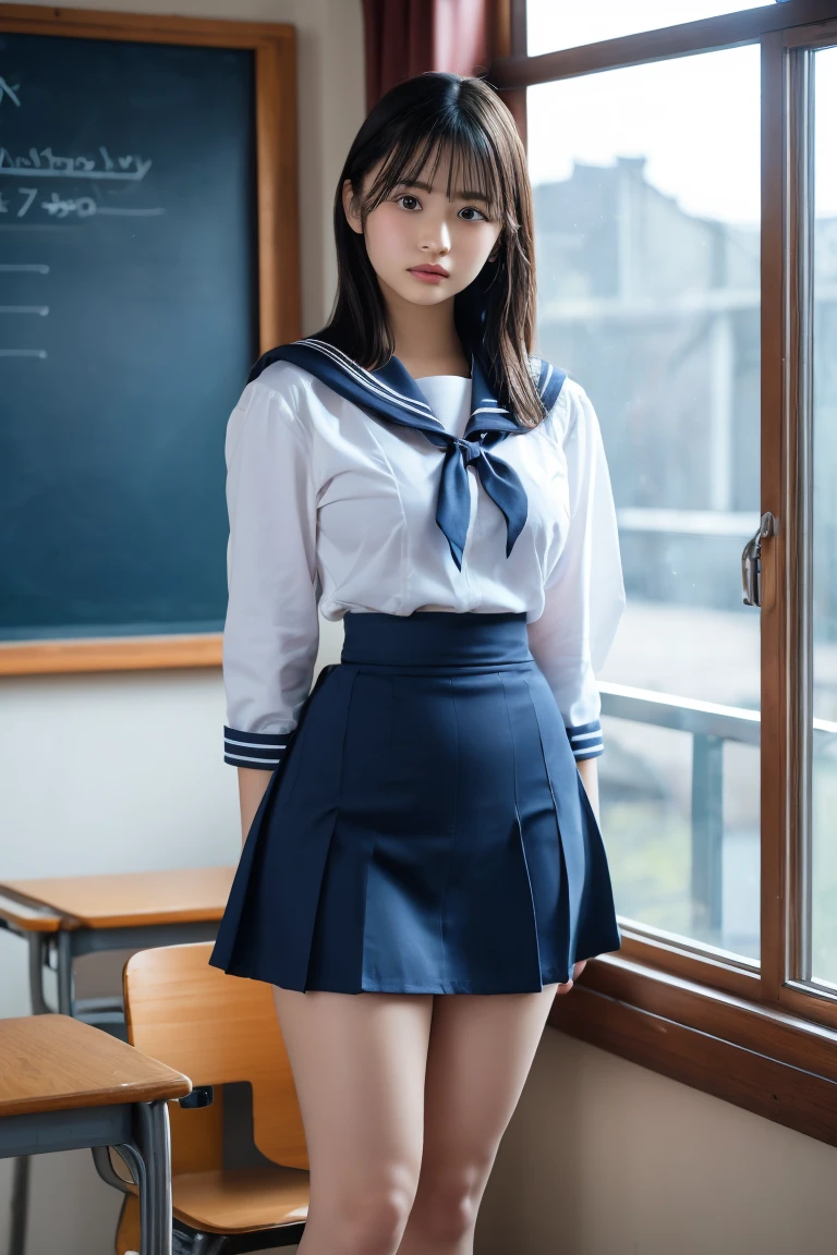 (Clothes accentuate the shape of the breasts:1.3),(pert boobs:1.4),(tight sailor,tight skirt,slim waist:1.4),(plump big breasts,emaciated:1.4),(tall stature,175cm tall,scrawy:1.4),leggy,Browsing Caution,Highest quality,Ultra-high resolution,1 person,whole body,Black hair, cool expression,Looking into the camera,Beautiful and elaborate face,Fine and beautiful skin,Skin Texture,high school student,uniform,Checked mini skirt,Classroom after school,Standing pose