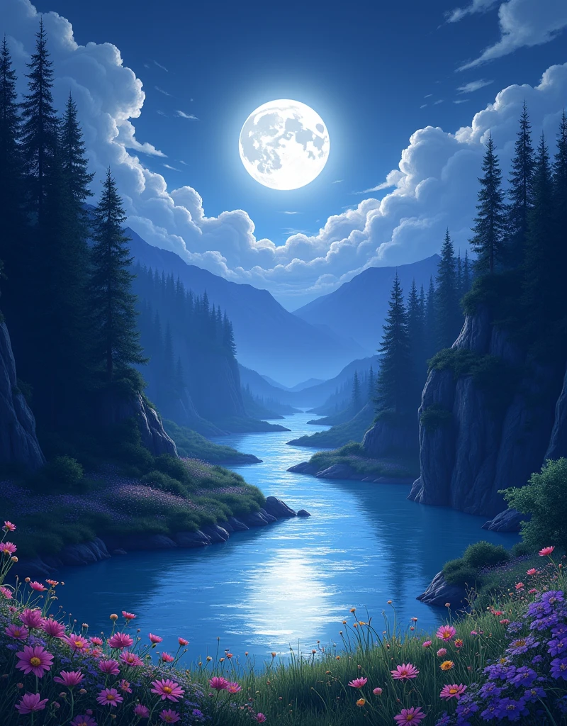 Create a highly detailed anime-style illustration of a breathtaking nighttime landscape featuring a serene river flowing through a forested valley under a glowing full moon. The moon is full and luminous, casting a gentle, silvery light across the water, creating a shimmering path of reflections that stretches from the foreground to the distant horizon. The sky is deep blue with clusters of stars scattered across it, and wispy clouds partially veil the moon, adding a dreamy, mystical atmosphere to the scene.
On either side of the river, tall, dark silhouettes of pine trees rise against the night sky, their shapes framing the composition. The rocky cliffs along the riverbank are bathed in soft moonlight, revealing textures of the stone and shadows that add depth to the landscape. In the foreground, a meadow is adorned with vibrant wildflowers in shades of pink, purple, and yellow, their colors subtly illuminated by the moon's glow. Some of the flowers are swaying gently in a light breeze, creating a sense of motion and life.
Capture the ethereal mood of a quiet, moonlit night in nature, where the beauty of the landscape is enhanced by the calming sound of water flowing and leaves rustling. Use a color palette rich in deep blues, soft purples, and silver accents, with highlights of the flowers' bright colors. The overall scene should evoke feelings of tranquility, wonder, and a connection to the serene beauty of the natural world.