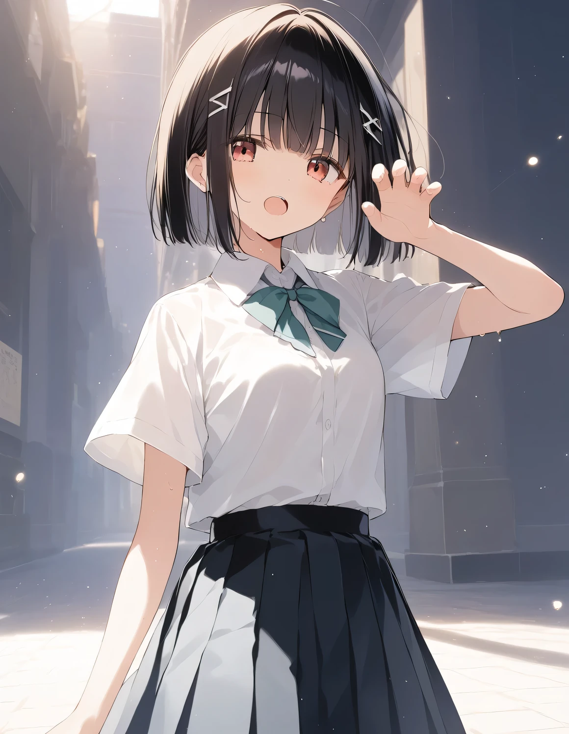 score_9, score_8_up, score_7_up, source_anime, best quality, masterpiece, official art, absurdres, highres, ultra-detailed,waifu2x,Collection: Slice of Life,break,1girl, very short hair, blunt bangs, hime cut, small breasts, beautiful detailed eyes, collared shirt, pleated skirt, sweat, open mouth, (yawn:0.3), expressionless,cool beauty, outdoors, cute pose, (Detailed Lighting), (Detailed background),break,(clear line illustration:1.2), super detailed skin,very high resolution, very aesthetic, Best sexual lighting powered by famous artist, 8k, 16k, cute picture,beauty illustration,photoshop_(medium),,(Detailed Lighting),best anime 8k konachan wallpaper, pixiv contest winner, ((artist:takeuchi_takashi )),