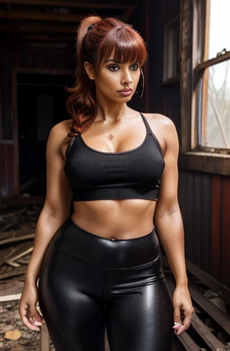 woman 30 years old, tanned, serious face, makeup, black eyes, lipstick, perfect hands, perfect fingers, wavy red hair with bangs, ponytail hair, leggings, thick thighs, high heels, sex, standing, abandoned house
